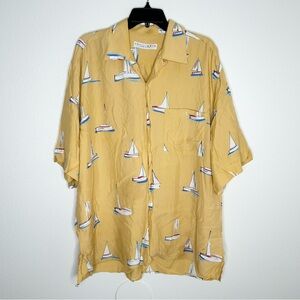 EQUILIBRIO Mens Yellow Nautical Boat Print Short Sleeve Button Up Shirt Size XL